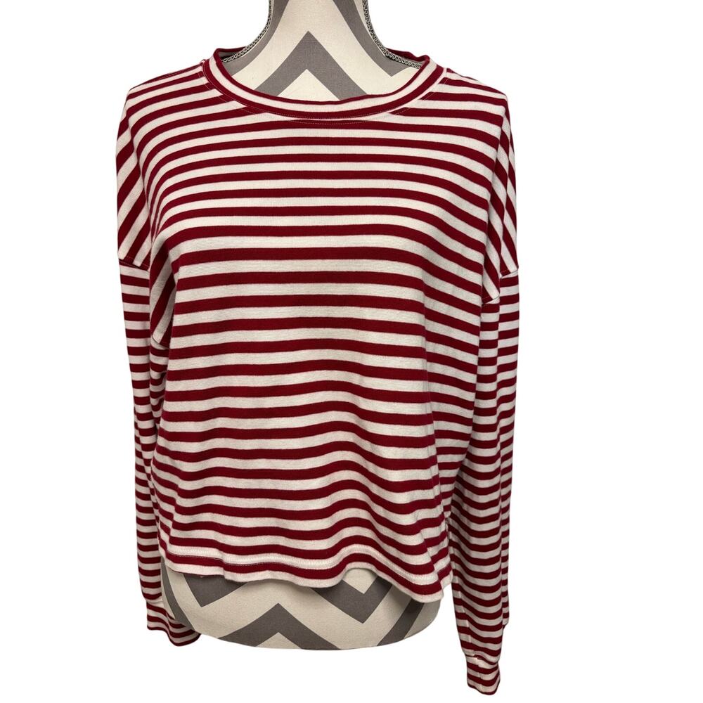 Daily Drills Striped Long Sleeve Thermal Waffle Knit Crewneck Top Red White XS/S